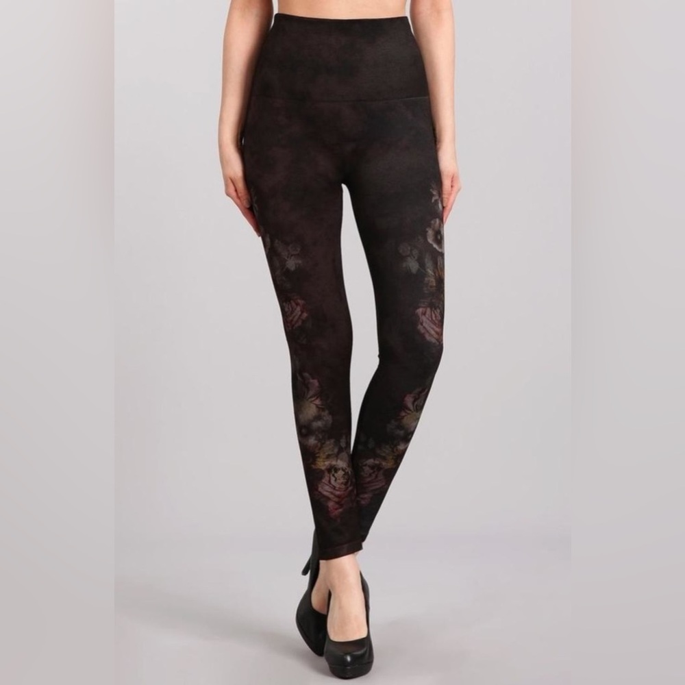 M Rena Brown Floral Tummy Control Leggings One Size regular
